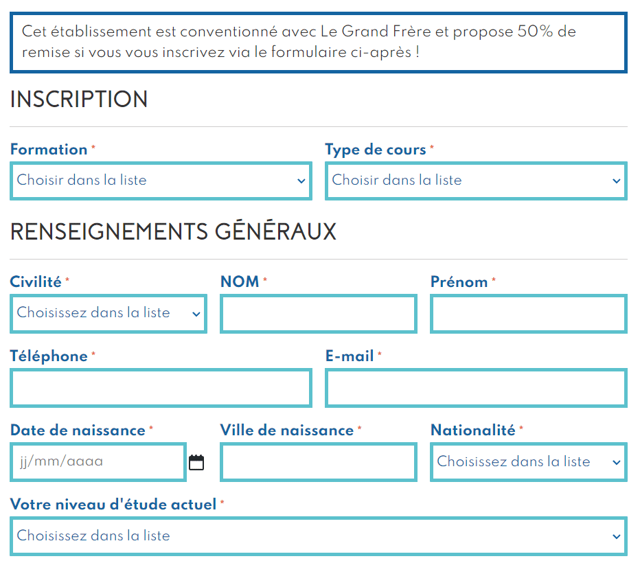 Formulaire d'inscription 50%